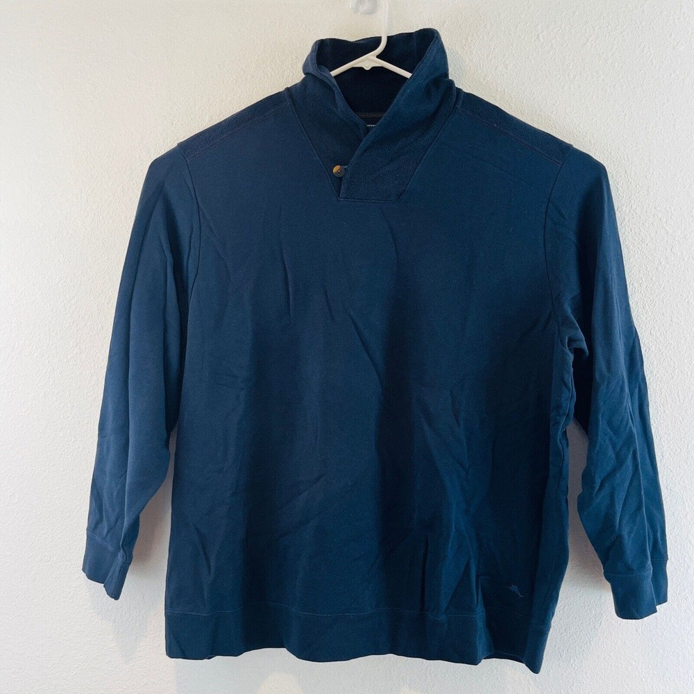 Mens 2XB Tommy Bahama Pullover Navy Blue Shawl Button Neck Elbow Patches Cotton